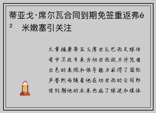 蒂亚戈·席尔瓦合同到期免签重返弗鲁米嫩塞引关注